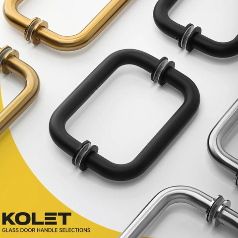 Sleek Matte Black Shower Door Handle With Six Inch Center To Center And Heavy Duty 304 Stainless Steel Round Tube Design for bathroom hardware, shown in close-up with various finishes.