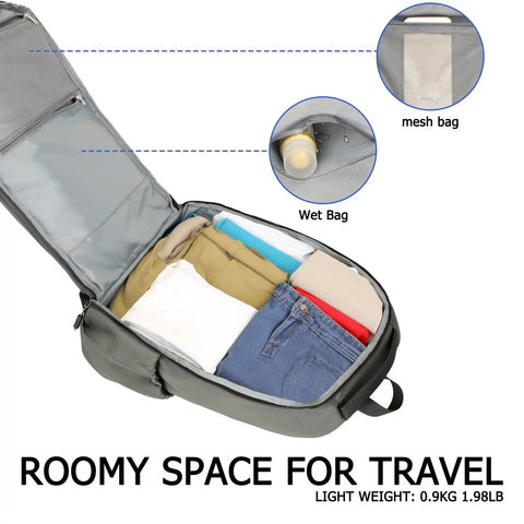 Airline Approved 35L Travel Backpack Under Seat Carry On Water Resistant 15.6 Inch Laptop Compartment open with neatly packed clothes