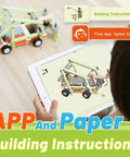 Child using tablet for instructions with 14 In 1 STEM Building Kit For Kids Ages 8 To 12 With 218 Pieces And Motor Electric Educational Toys.