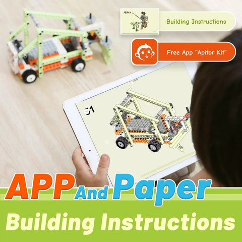 Child using tablet for instructions with 14 In 1 STEM Building Kit For Kids Ages 8 To 12 With 218 Pieces And Motor Electric Educational Toys.