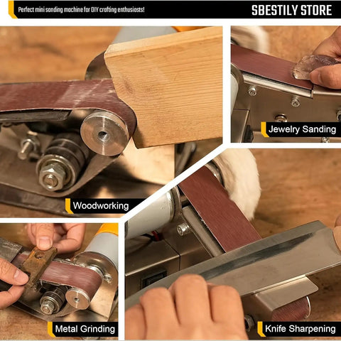 Mini Electric Belt Sander Boasts Seven Variable Speed Settings And Ergonomic Handles For steady precision grinding or metal polishing, showing jewelry sanding and knife sharpening.