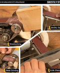 Slick Mini Belt Sander And Variable Speed Grinder Sharpener Polisher Machine For Knife Making And Woodworking With Ten Heavy Duty Sanding Belts Hitting 8000 RPM Seven Adjustable Settings, showcasing various sanding tasks.