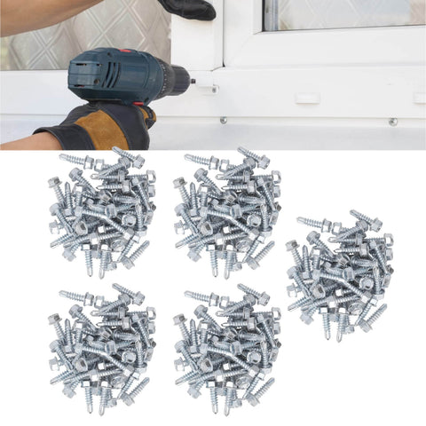 250 Piece M4.2x16mm Self Drilling Screws With External Hex Drive Galvanized Carbon Steel, shown in installation and pack view.