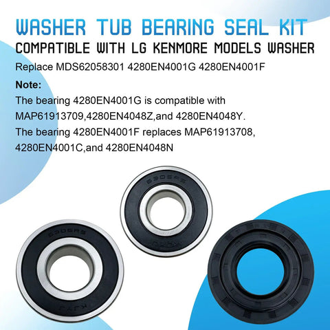 Washer Tub Bearing Seal Kit Replacement For LG And Kenmore Washers, Upgraded Durable Bearing Seal Set Replaces MDS62058301, 4280EN4001G, 4280EN4001F And Fits MAP61913708 And MAP61913709, 4280EN4048Z And 4280EN4048Y For Easy No Brainer DIY Fix. two metal bearings and a black seal