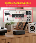 Pyle Phono Turntable Preamp Mini Electronic Audio Stereo Phonograph Preamplifier with connections to mixer, amp, and headphones.