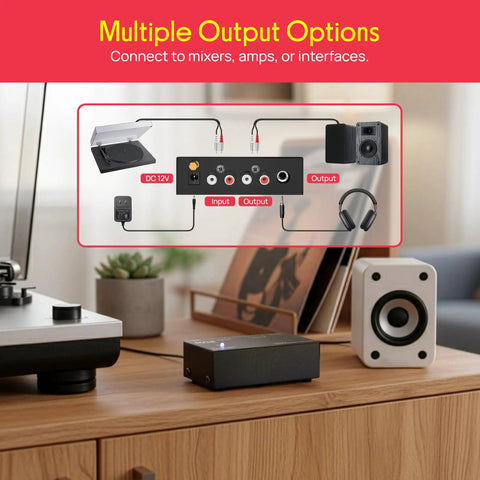 Pyle Phono Turntable Preamp Mini Electronic Audio Stereo Phonograph Preamplifier with connections to mixer, amp, and headphones.