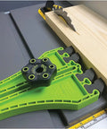 Portable Saw Featherboard Crafted For 5/8 Or 3/4 Slot With Rock Solid Eva Foam positioned on table saw with wooden board.