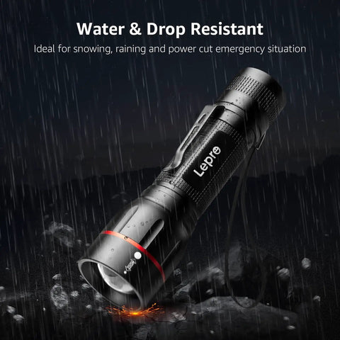Ultra Bright LED Flashlight With Clip, Zoomable Beam, Five Lighting Modes, Waterproof And Lightweight, in rainy setting