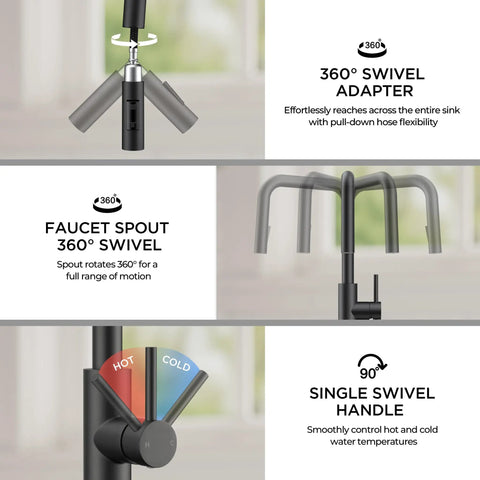 FORIOUS Kitchen Faucet with Pull Down Sprayer, Black High U-Spout showcasing 360° swivel spout and single handle for hot and cold water.