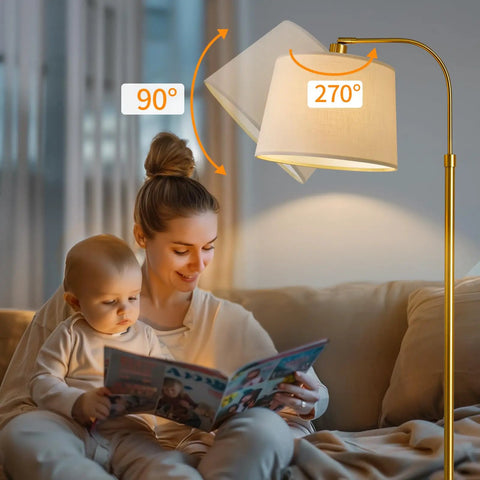 62 Inch Tall Arc Floor Lamp With Antique Brass Shade Lantern Industrial Gold Finish in a cozy room setting with mother and child reading.