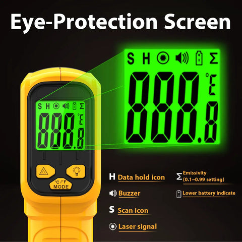 Infrared No Contact Temperature Gun For Cooking And DIY Laser Thermometer For Grilling Fryers Candy Making And Pool Spa Care Reads Surface Temps From Minus 58 To 986 Degrees Fahrenheit Not For Human Or Animal Use. yellow infrared thermometer with backlit LCD eye-protection screen