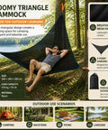 Man relaxing in a 280 cm per side triangular mesh nylon hammock between trees, showcasing Outdoor Triangular Hammock With Mesh Nylon.