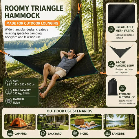 Man relaxing in a 280 cm per side triangular mesh nylon hammock between trees, showcasing Outdoor Triangular Hammock With Mesh Nylon.