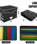 Fireproof Document Box With Lock Collapsible File Organizer With Mesh Pockets showing open and folded views, letter and legal sizes