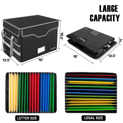 Fireproof Document Box With Lock Collapsible File Organizer With Mesh Pockets showing open and folded views, letter and legal sizes