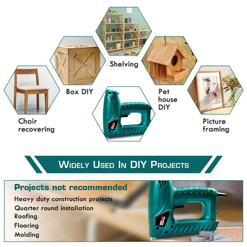 2 In 1 Electric Staple Gun And Brad Nailer For Light Duty Upholstery And DIY Home Projects with examples of DIY uses and safety notes