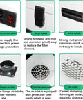 Smooth Operator Welding Fume Extractor components: power switch, metal buckle, air inlet, and outlet features.