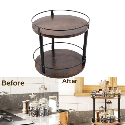 Two-Tier Lazy Susan Turntable Organizer For Cabinets And Pantries, 360 Degree Rotating Wood Kitchen Shelf, before and after usage.