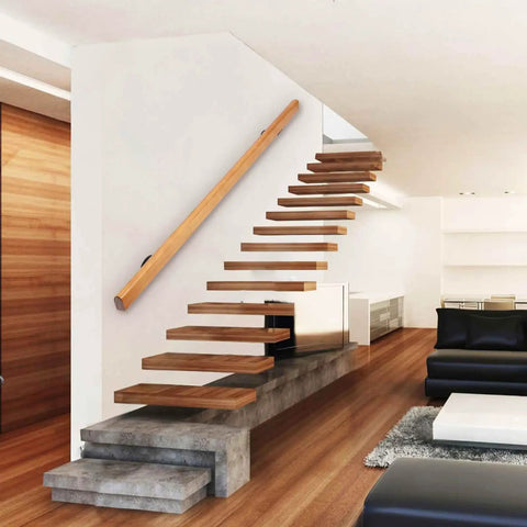Heavy Duty Solid Pine Handrail Knockout Non Slip Staircase Grab Bar Wall Mounted Safety Railing For Home Garden And Loft Easy Install Smooth Finish shown on modern staircase.