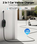 Level 2 EV Charger With Smart App Control 32A 7.68kW 240V NEMA 14 50 Plug 25ft Cable Indoor Outdoor Portable Charging Station Compatible With J1772 Fast Home Charging For Electric Vehicles shown in use charging a white electric car on a sunny driveway
