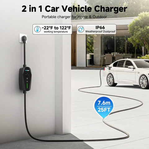 Level 2 EV Charger With Smart App Control 32A 7.68kW 240V NEMA 14 50 Plug 25ft Cable Indoor Outdoor Portable Charging Station Compatible With J1772 Fast Home Charging For Electric Vehicles shown in use charging a white electric car on a sunny driveway