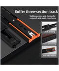 Close-up of Two Piece Metal Buffer Drawer Slides Boasting Hella Smooth Soft Close Glide Mechanism With Bottom Mounted Concealed Track.