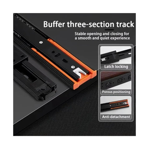 Close-up of Two Piece Metal Buffer Drawer Slides Boasting Hella Smooth Soft Close Glide Mechanism With Bottom Mounted Concealed Track.