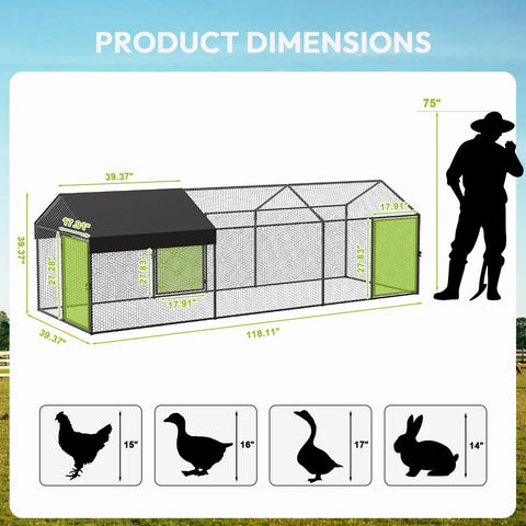 Diagram showing Heavy Duty Predator Proof Metal Chicken Run With Cover And Swing 118 Inch Long By 40 Inch Wide By 40 Inch High dimensions.