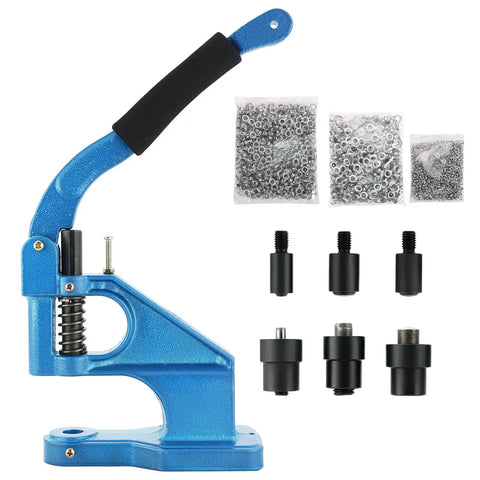 Heavy Duty Hand Press Grommet Tool Kit With 3 Dies And 1500 Silver Grommets, showing blue punch machine and grommets