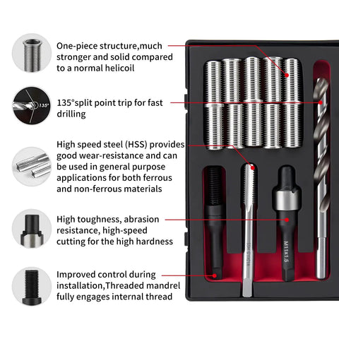 M11x1.5 Thread Repair Kit With Stainless Steel Inserts And Installation Driver Includes Drill Tap Counterbore 10 M11x1.5x30mm Inserts Tough Durable Easy To Use Pro Grade Includes EVA Case