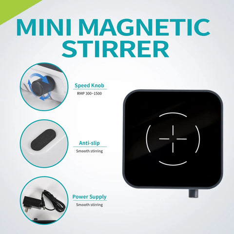 Mini Magnetic Stirrer With Brushless DC Motor 1500 RPM No Heating, Stirring Bar Included shown with features: speed knob, anti-slip, and power supply.