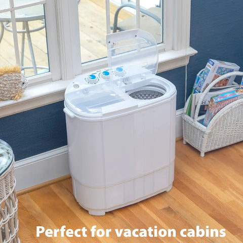 Portable Twin Tub Washing Machine With 13 Lb Capacity in vacation cabin corner, showcasing compact design and spin-dry feature.