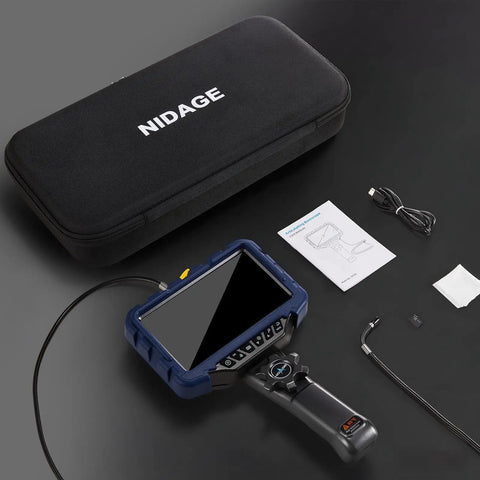 3.9mm Two Way Articulating Borescope With 7 Inch IPS Screen 1080P Endoscope Camera shown with accessories and carry case.