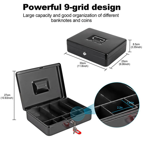 Locking Cash Box With Money Tray And Key, Heavy Duty Metal Cash Organizer For Small Biz, Large 11.8 x 9.05 x 3.35 Inch, 9 Compartments