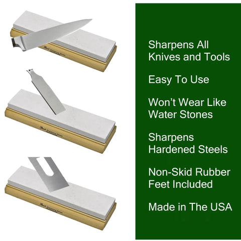 3 Stone Sharpening Stone Set With Wood Mounted Base, Pro Grade Soft Hard Black Stones In Coarse Fine And Extra Fine Grits, 2x6 2x8 Or 2x10, Bench Or Handheld Use, Made In USA, Lifetime Guarantee showing sharpening with knife, chisel, and blade.