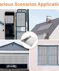 Various applications of Premium Double Sided Reflective Insulation Roll 23.6 Inch By 10 Foot on garage doors, windows, and roofs.