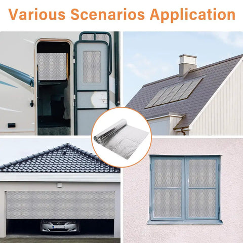 Various applications of Premium Double Sided Reflective Insulation Roll 23.6 Inch By 10 Foot on garage doors, windows, and roofs.