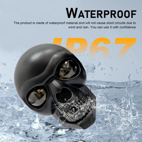 2 Pieces LED Motorcycle Turn Signal Lights With Skull Design Waterproof close-up showing waterproof IP67 feature.