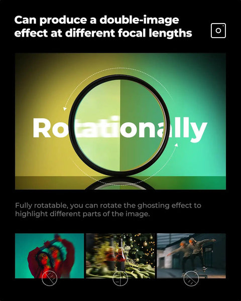 82mm Unilateral Blur Ghost Motion Filter demonstrating double-image effect with colorful background and rotation ability