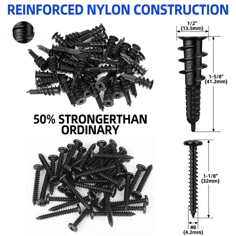 Self Drilling Size Eight Drywall Anchors And Screws Set, Heavy Duty Nylon And Glass Fiber Construction, 80 Lbs Load Capacity, Pre Drill Free, Includes 40 Anchors And 40 Screws With Storage Case For Hanging Shelves TVs And Pictures, shown with size dimensions.