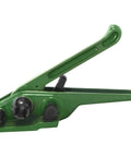 Industrial Poly Strapping Tensioner And Cutter For 1/2 To 3/4 Inch Straps, green heavy duty tool side view.