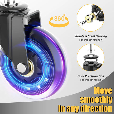 Set of 5 Quiet 3 Inch Rubber Office Chair Caster Wheels with Universal 11x22mm Stem, featuring smooth rolling and stainless steel bearing