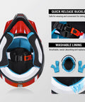 Youth Dirt Bike Helmet DOT Certified Full Face Motorcycle Helmet Lightweight For Off Road ATV And Street Riding Includes Adjustable Goggles And Protective Gloves with interior view showing lining and buckle.