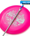 Telescoping Disc Golf Retriever Pole 16 Inches To 16 Feet Blue Grabber with single hook pulling disc on pink frisbee