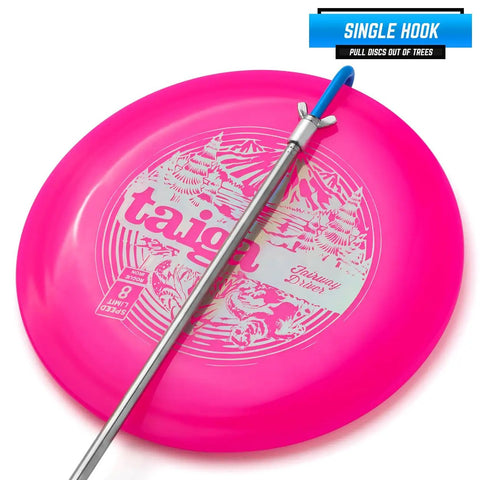 Telescoping Disc Golf Retriever Pole 16 Inches To 16 Feet Blue Grabber with single hook pulling disc on pink frisbee