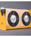 Beefy Aluminum Hydraulic Air Cooler With Motor For Oil Cooling, yellow dual fan, heavy duty aluminum unit, side view
