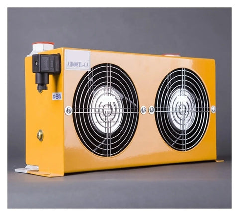 Beefy Aluminum Hydraulic Air Cooler With Motor For Oil Cooling, yellow dual fan, heavy duty aluminum unit, side view