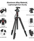 Beast 71 Inch Foldable Aluminum Camera Tripod With Detachable 360 Degree Ball Head, showing parts and features
