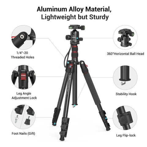 Beast 71 Inch Foldable Aluminum Camera Tripod With Detachable 360 Degree Ball Head, showing parts and features
