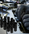 Robust 14 Pc Electric Screwdriver Impact Socket Set With Hex Bits And Extended Sockets For Heavy Duty Power Tool Repairs And Auto Mechanics That Get The Job Done Right black sockets and glove in engine bay